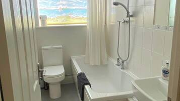 Une salle de bain compacte comprenant des toilettes, une baignoire et une douche.