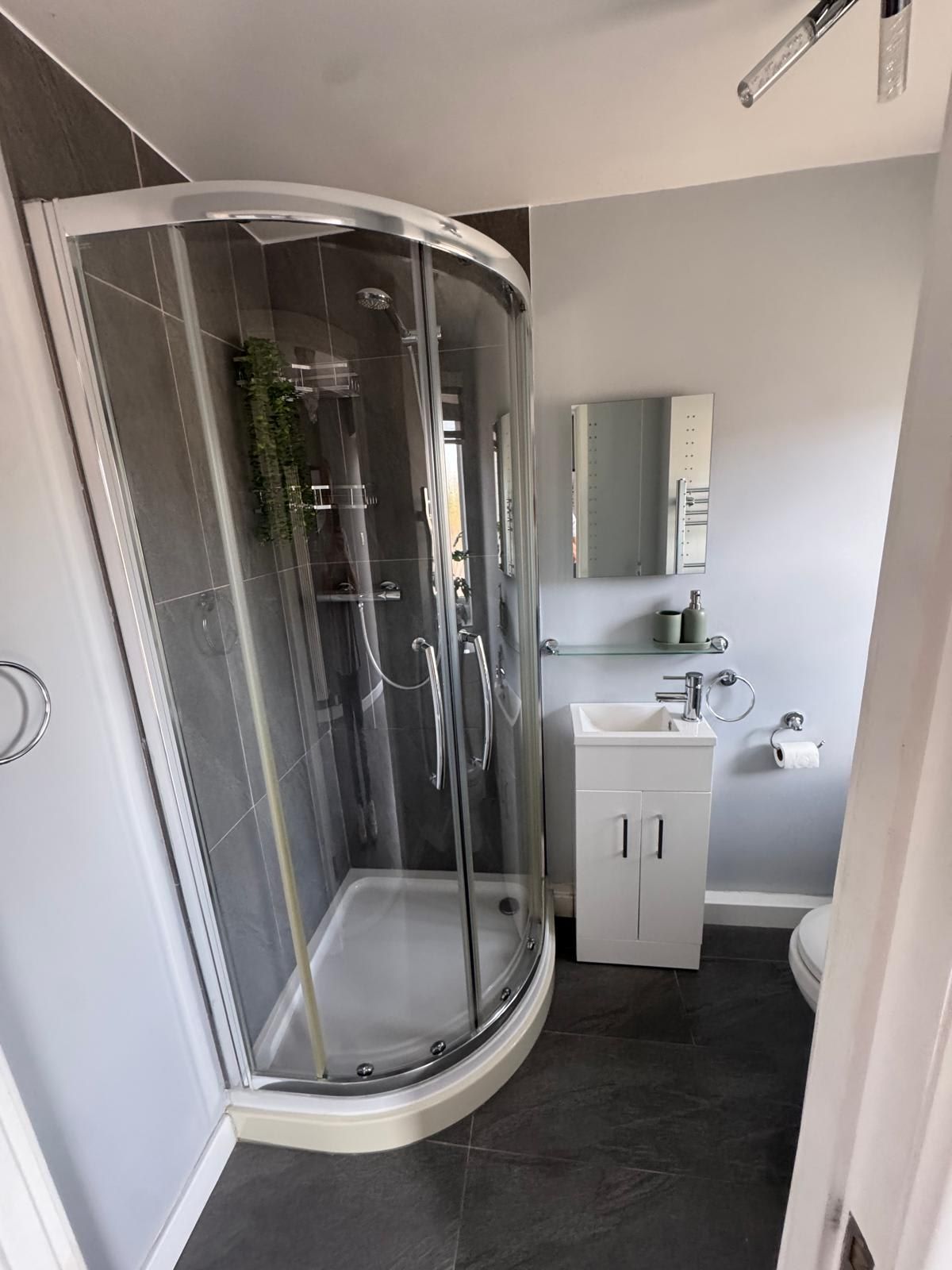A modern bathroom with a glass-enclosed shower, a white sink, and a mirror above the sink.