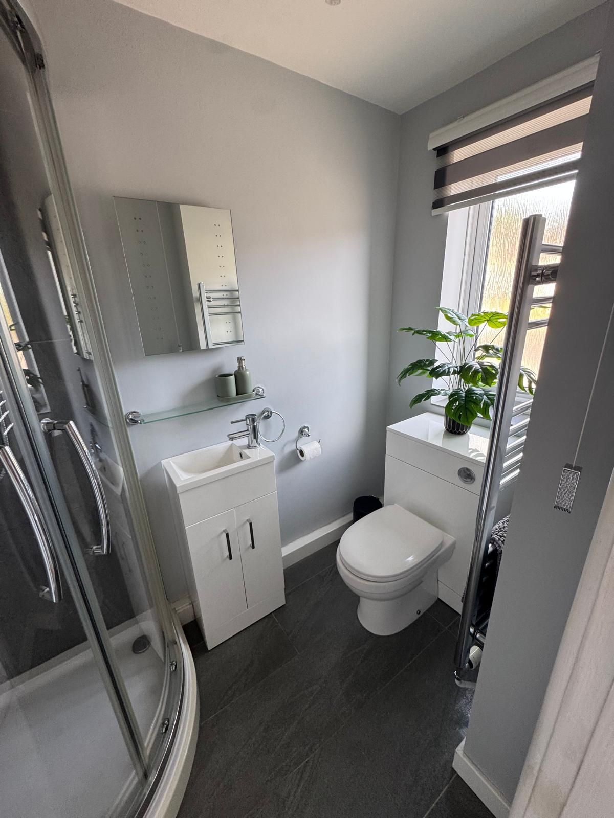 A modern bathroom with a glass shower enclosure, a white sink with a mirror above, a toilet, and a window with a plant.