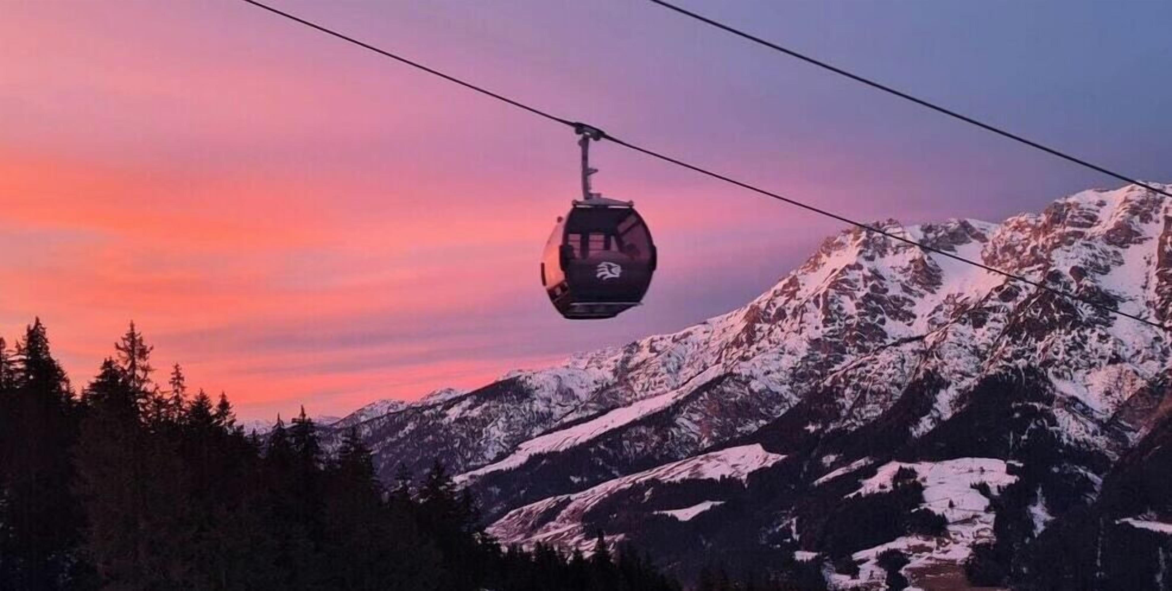 A cable car suspended over a mountainous landscape with snow-covered peaks and a forested area below.