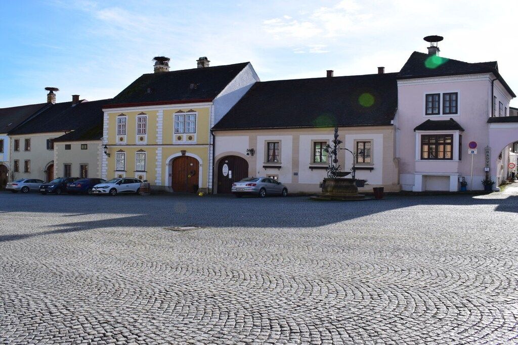 Eine gepflasterte Straße mit historischen Gebäuden, einem Brunnen und geparkten Autos.