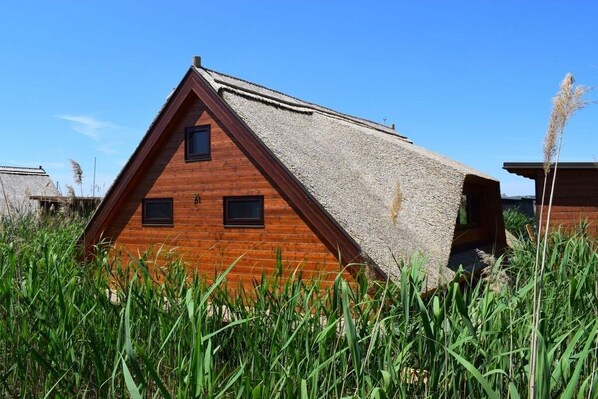 A wooden cabin with a sloped roof, surrounded by tall grass.