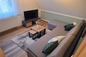 A modern living room with a sofa, a coffee table, a TV, and a radiator. - Holiday home Elbe Sandstone Mountains (Königstein)