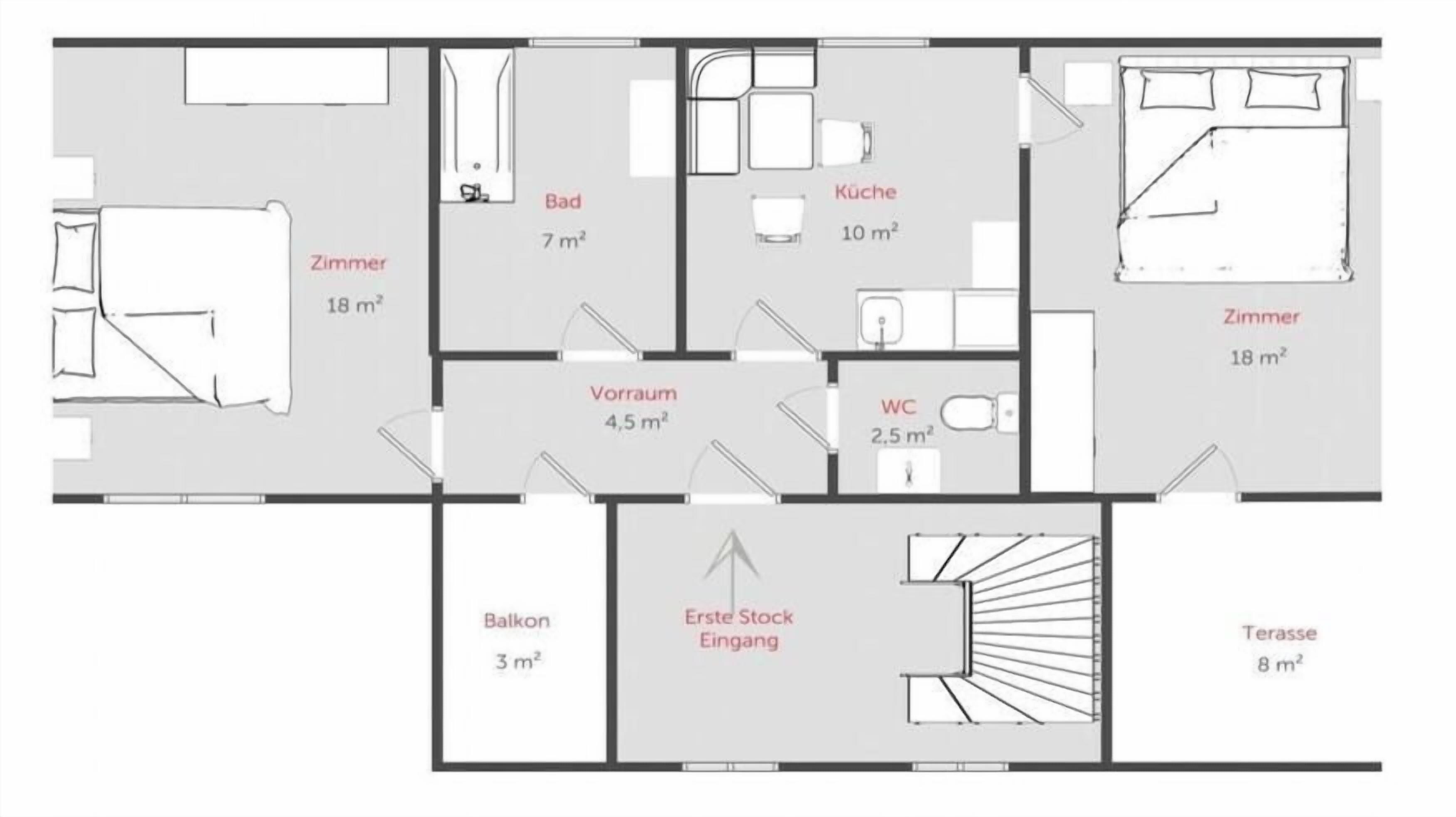 Plano de distribución de un hotel con habitaciones de 18 m², un salón de 4,5 m², un balcón de 3 m², un aseo de 2,5 m² y una cocina de 10 m².