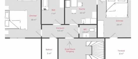 A hotel floor plan with 18 m² bedrooms, a 4.5 m² living area, a 3 m² balcony, a 2.5 m² WC, and a 10 m² kitchen.