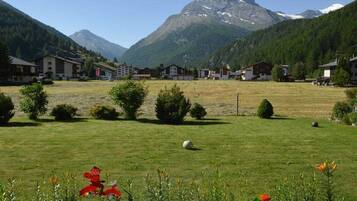 Ein ländliches Dorf mit Häusern, einer grünen Wiese und Bergen im Hintergrund.