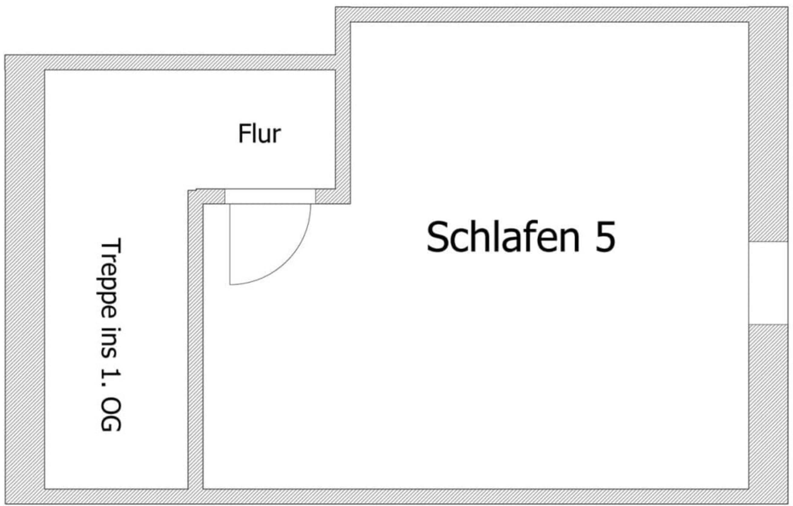 Pianta del pavimento di una camera d'albergo etichettata 'Schlafen 5', con 'Flur' (corridoio) e 'Treppe ins 1'.