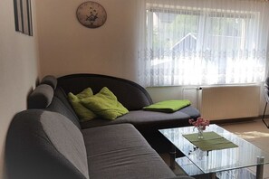 A living room with a sofa, a glass coffee table, and a window with sheer curtains. - Holiday apartment with 2 bedrooms (Kleingießhübel)
