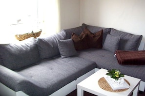 A grey sofa with multiple cushions, a white side table with a plant, and a brown throw blanket. - Bauer 2 Mountain View (Thale)
