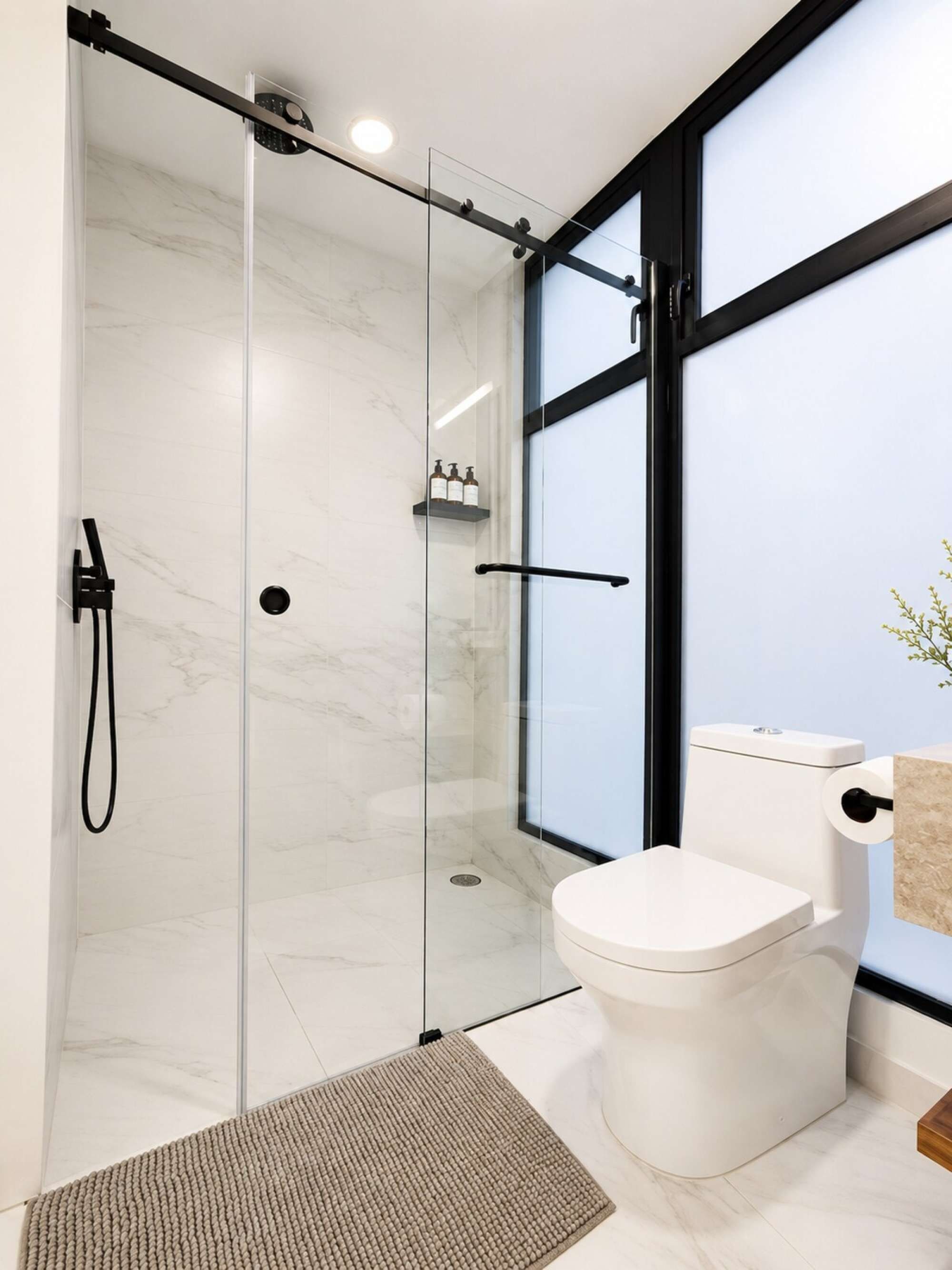 Ein modernes Badezimmer mit einer gläsernen Duschkabine, einer Toilette und einem Fenster für Tageslicht.