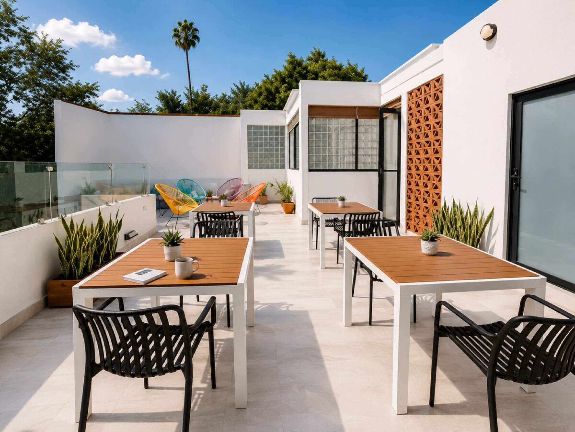 Eine Terrassengruppe im Freien mit mehreren Tischen und Stühlen, umgeben von Pflanzen und einer Glasumlaufung.