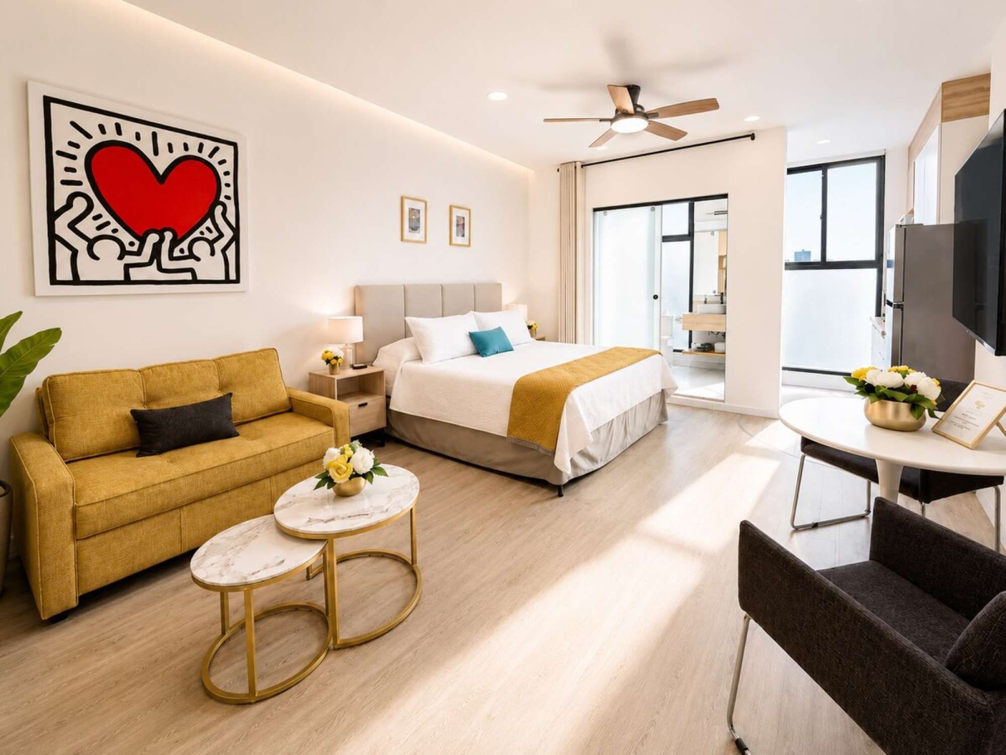 A modern hotel room with a bed, a sofa, a small table, and a TV.