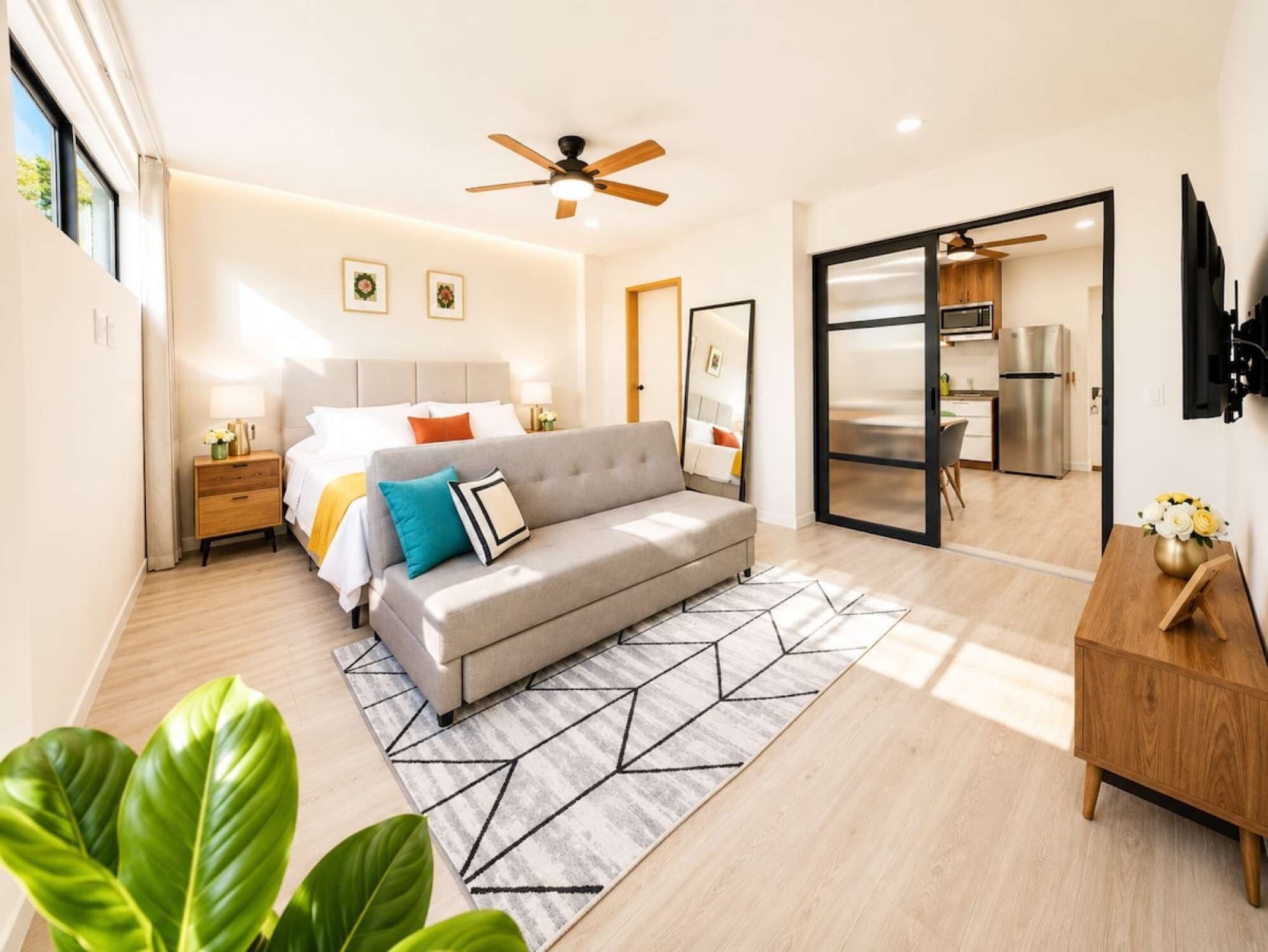 Een moderne slaapkamer met een bed, een grijze bank, een plafondventilator en een keuken die zichtbaar is door een schuifdeur.