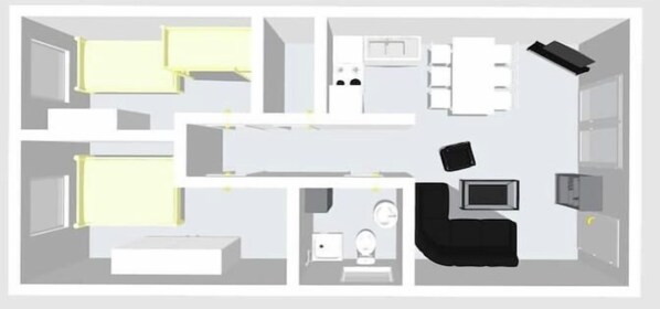 A hotel room layout with a bed, a desk, a chair, a TV, and a bathroom. - Apartment 1 in the Hügel building (Ostseebad Binz)