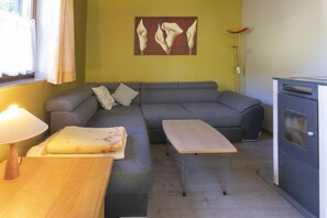 A living room with a sofa, a table, a lamp, a painting, and a stove. - Located directly on the Drau reservoir (Feistritz i.R.)