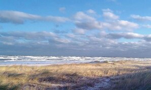 Een strand met golven, grasduinen en een bewolkte lucht.