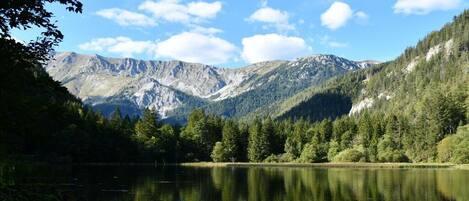 Un lac paisible, entouré de montagnes et d’une forêt dense.