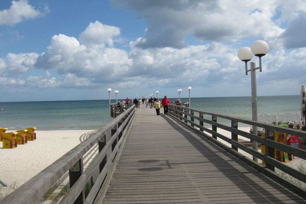 Eine Holzstege führt zu einem Strand unter einem klaren Himmel, einige Personen sind unterwegs.