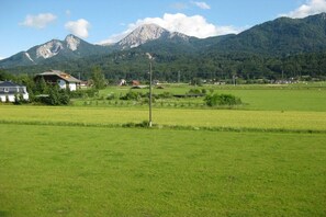 Ländliche Landschaft mit einem Berg im Hintergrund und einem Feld im Vordergrund, sowie einigen Gebäuden.