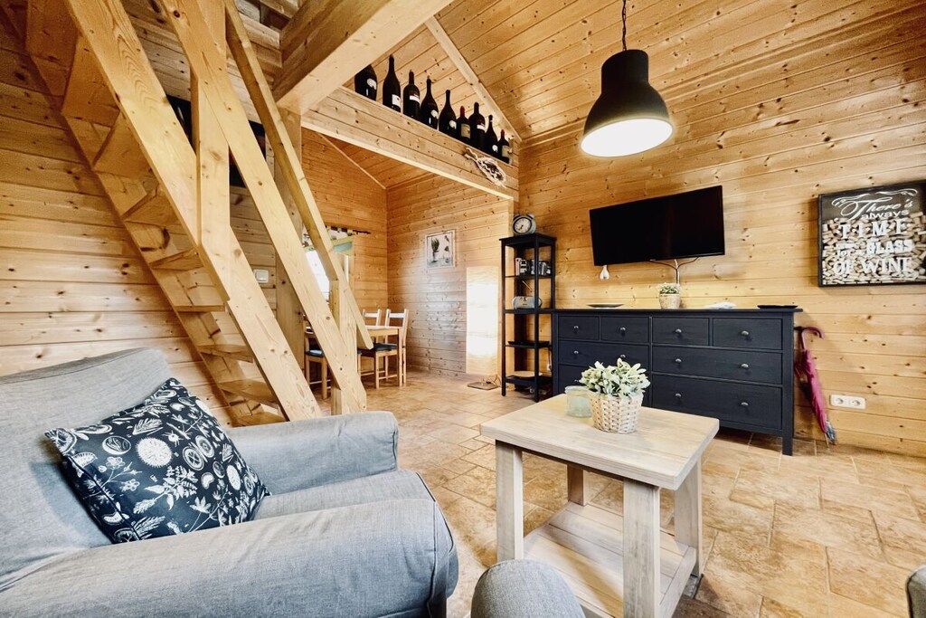Ein gemütliches Holzinterieur mit einer Couch, einem Tisch, einem Fernseher und einem Weinkühlschrank.