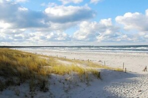 Ein Strand mit Sand, Gras und einem Zaun.