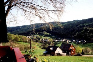 A rural landscape with houses, a tree, and a fence. - Holiday home with 1 bedroom (Breitenbrunn OT Rittersgrün)