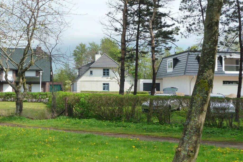 A residential area with houses, a grassy field, and trees.