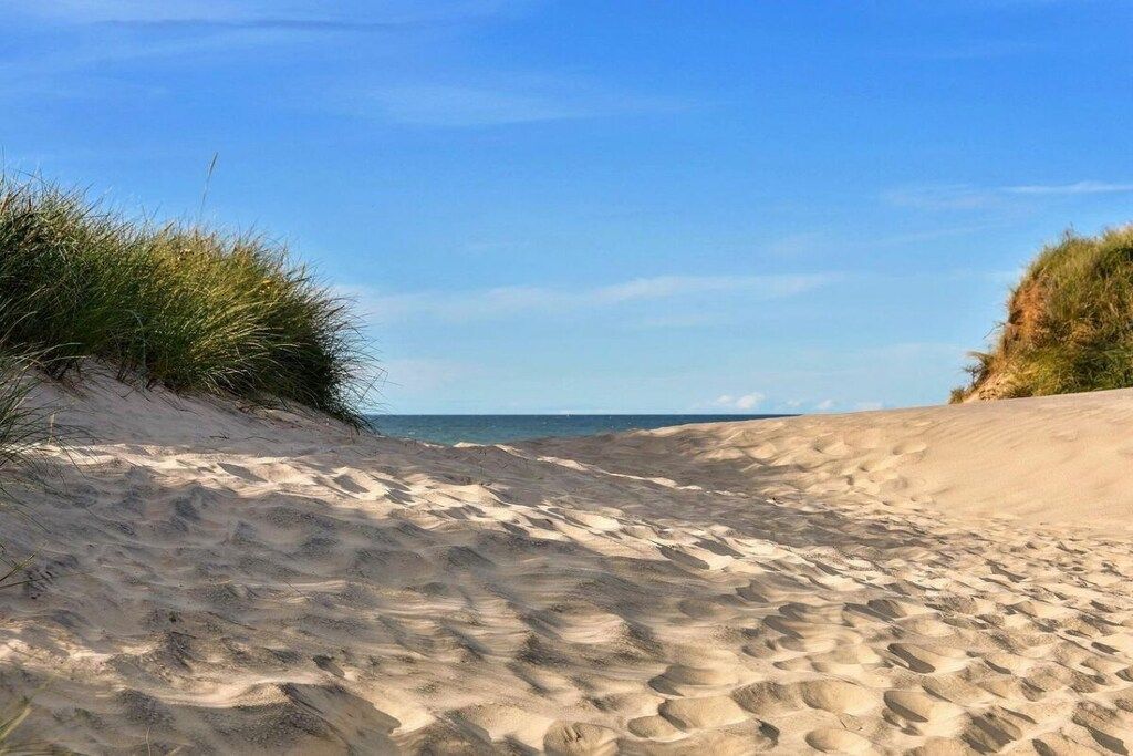 Une plage de sable avec des dunes et une végétation clairsemée.