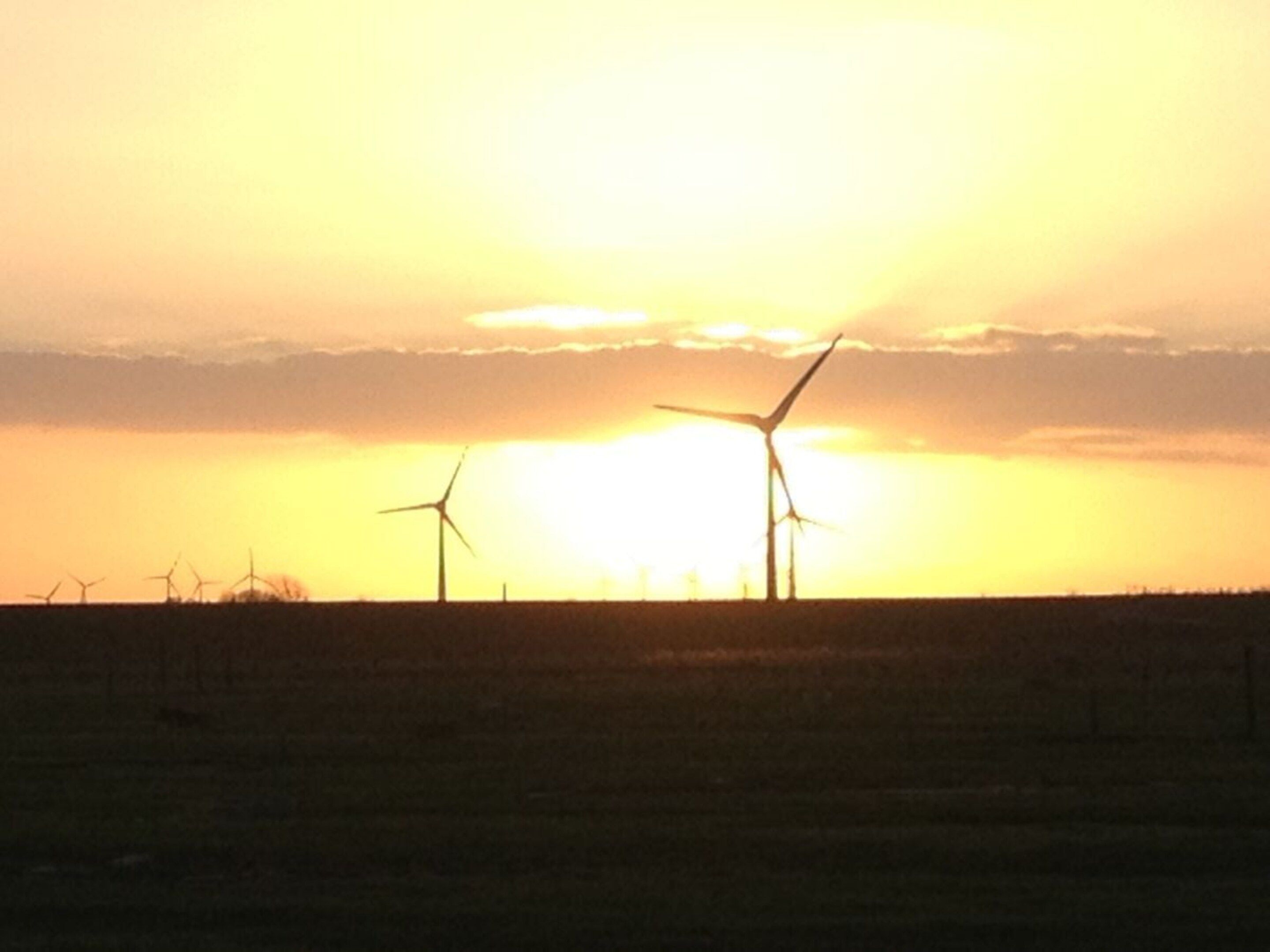 Paisaje con varias turbinas eólicas silueteadas contra un atardecer.