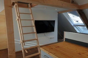A loft bedroom with a wooden ladder, a flat-screen TV mounted on the wall, and a skylight. - Apartment with 1 bedroom (Zeltingen-Rachtig)