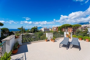 A rooftop terrace with two lounge chairs, potted plants, and a view of the sea and buildings. - Domus Rubina - terrace sea view (Sorrento)