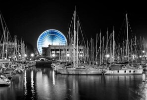 Un port de plaisance de nuit, avec de nombreux bateaux amarrés, une grande structure illuminée en arrière-plan et une eau calme qui reflète les lumières.