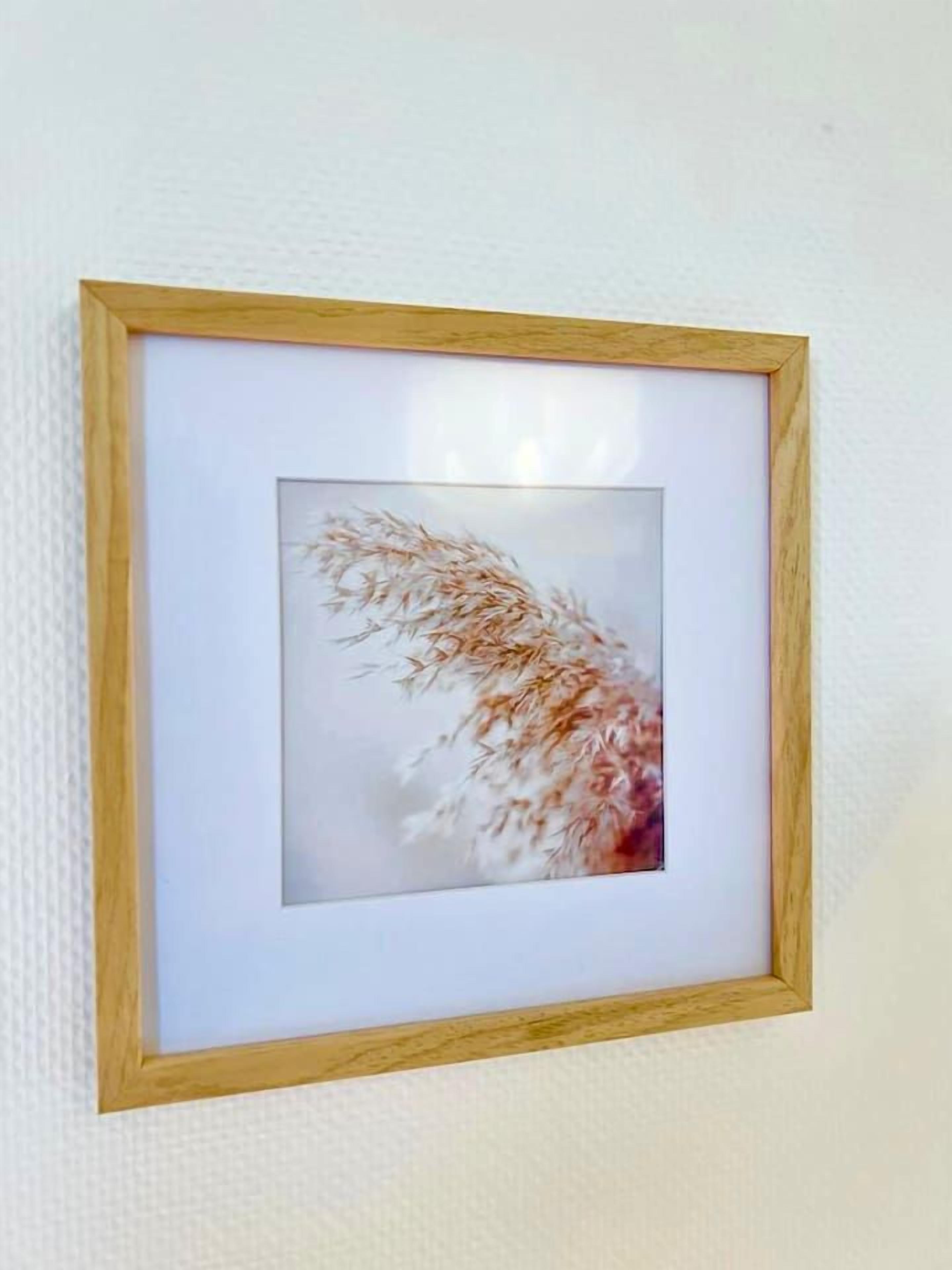 Un cuadro con una planta en una pared con textura.