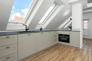 A modern kitchen with skylights, a built-in oven, and wooden flooring. - 272 - Apartment Lighthouse (Juist)