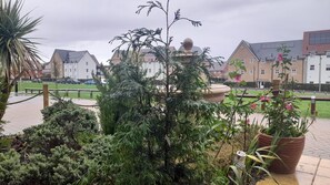 A residential area with houses, a garden with various plants, and a paved walkway.