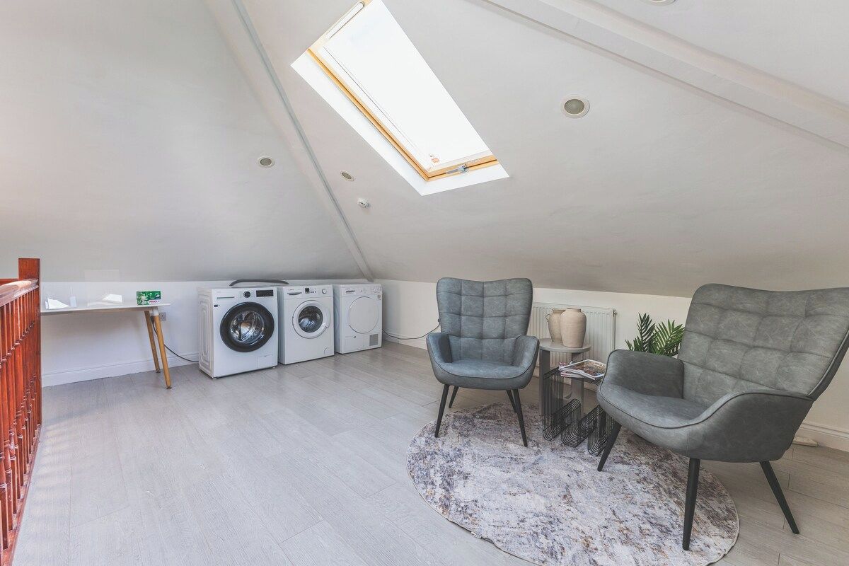 Une chambre à coucher aménagée dans un espace ouvert avec une lucarne, un lave-linge, deux fauteuils gris et un tapis rond.