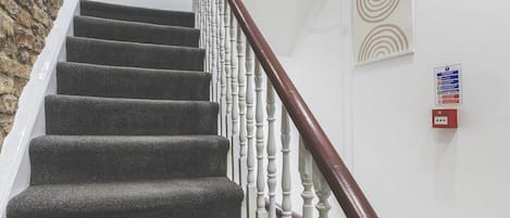 A staircase with dark carpeted steps, white balusters, and a brown handrail.