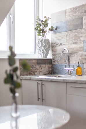 A kitchen with a window, a sink, a vase with green leaves, and a white countertop. - Modern Studio Flat,Great Location Finsbury Park (Greater London)