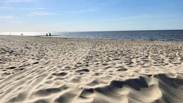 A sandy beach with footprints leading to the water, a clear sky, and a distant shoreline with people.
