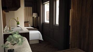 Une chambre d’hôtel avec un lit, une table de chevet, une lampe, une bouteille de champagne et une plante en pot.