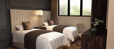 A hotel room with two beds, a bedside table with a lamp, a chair, and a window with a view of trees.