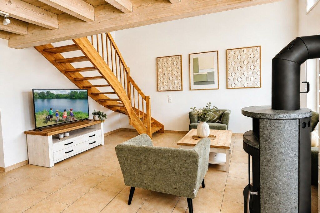 Un salon avec un escalier en bois, une télévision, un canapé, une table basse et une cheminée en pierre.