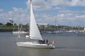 Eine Segelyacht mit weißem Segel liegt auf ruhigem Wasser vor einem Hafen mit weiteren Booten.