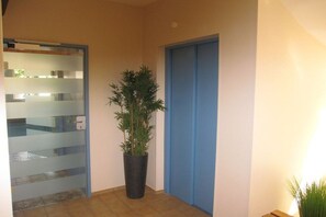 Ein Flur mit Glastür, Blumentopf und blauer Tür.