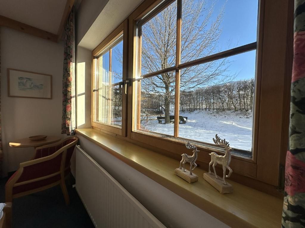 Une pièce avec une grande fenêtre donnant sur un paysage enneigé, un radiateur, une petite table et deux figurines de rennes décoratives posées sur le rebord de la fenêtre.
