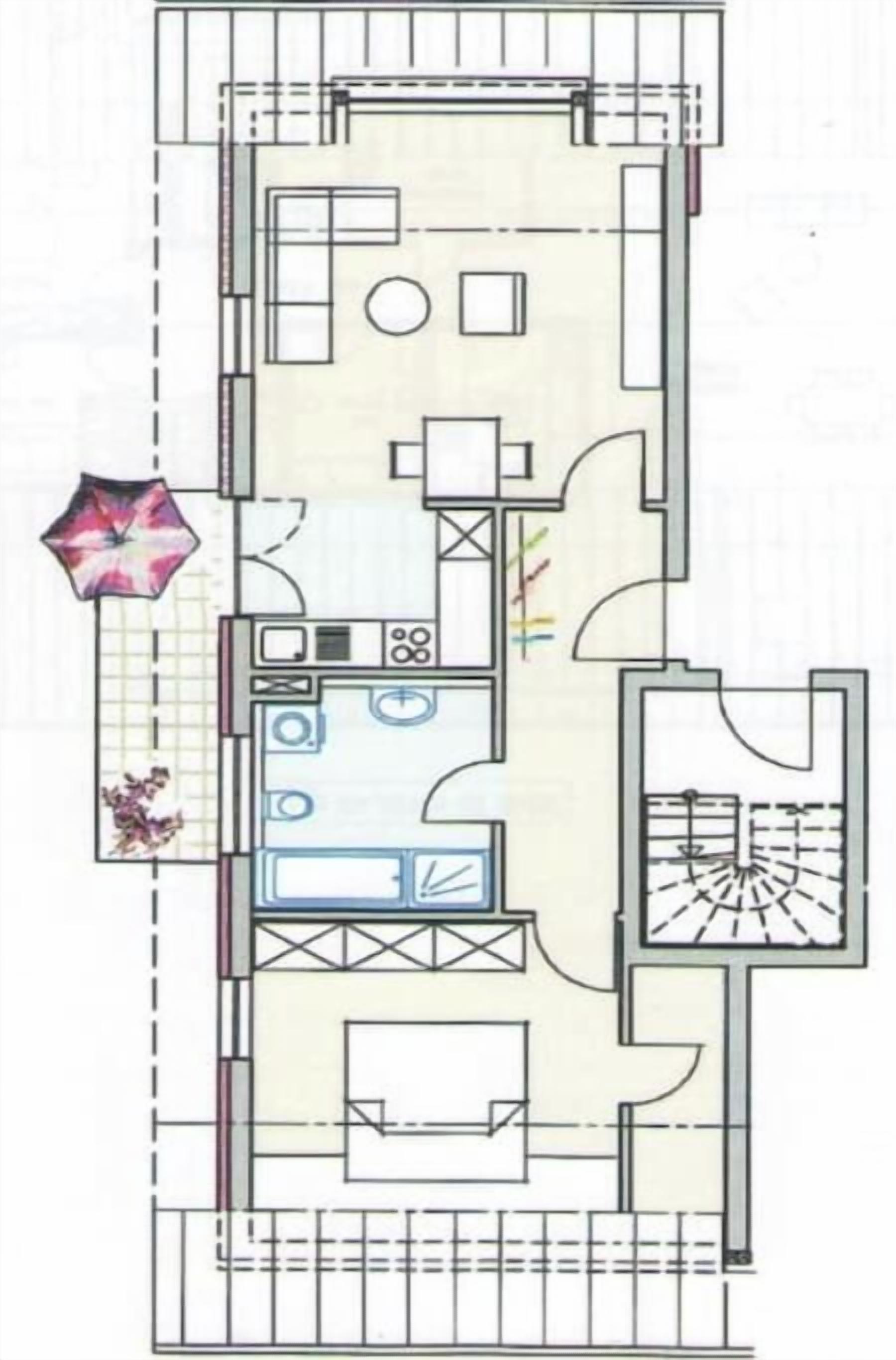 Ein Grundriss mit einer Küche, einem Essbereich, zwei Schlafzimmern und einem Badezimmer.