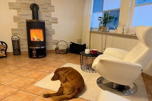 A cozy living room with a wood-burning stove, a dog lying on a rug, a white leather chair, and a window with a view. - Holiday apartment with 2 bedrooms (Bad Harzburg)