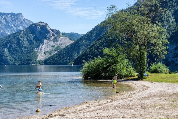 A lake with mountains in the background, a person wading in the water, and a tree-lined shore.