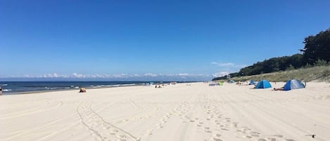 Una playa con huellas que conducen al agua, tiendas de campaña y un cielo despejado.