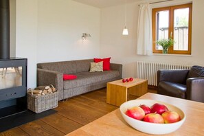A cozy living room with a sofa, a television, a fireplace, a wooden coffee table, and a bowl of fruit. - Apple orchard Usedom (Reetzow)